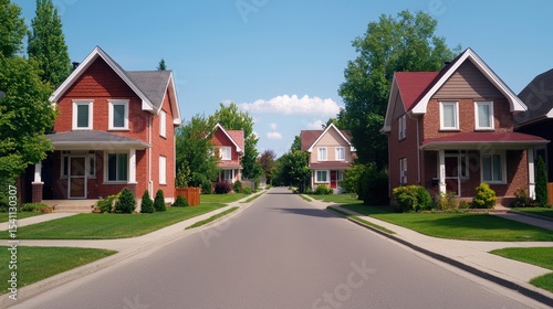 Peaceful Suburban Street with Neatly Positioned Houses Amidst Lush Greenery and Clear Blue Sky