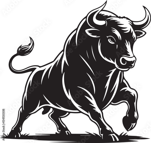 Powerful Bull Illustration Black and White Vector Graphic