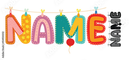 Colorful and decorative name sign with various design elements including a balloon and a name vector illustration