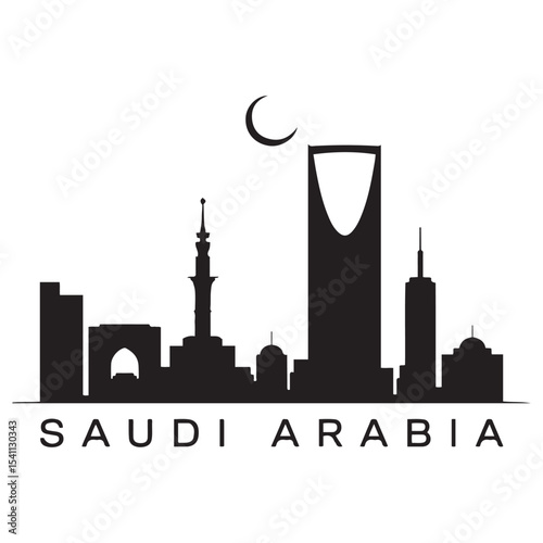Saudi Arabia skyline and landmarks. Vector black silhouette. with white background