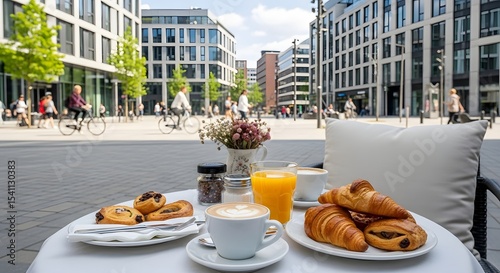 Wallpaper Mural Outdoor coffee table in a lively city square with cappuccino, croissants, orange juice, and small pastries, surrounded by modern buildings and people walking Torontodigital.ca