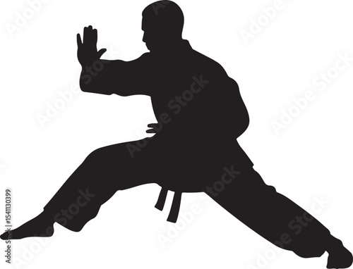Martial Arts Silhouette Powerful Stance, Dynamic Pose, Black and White Vector Illustration