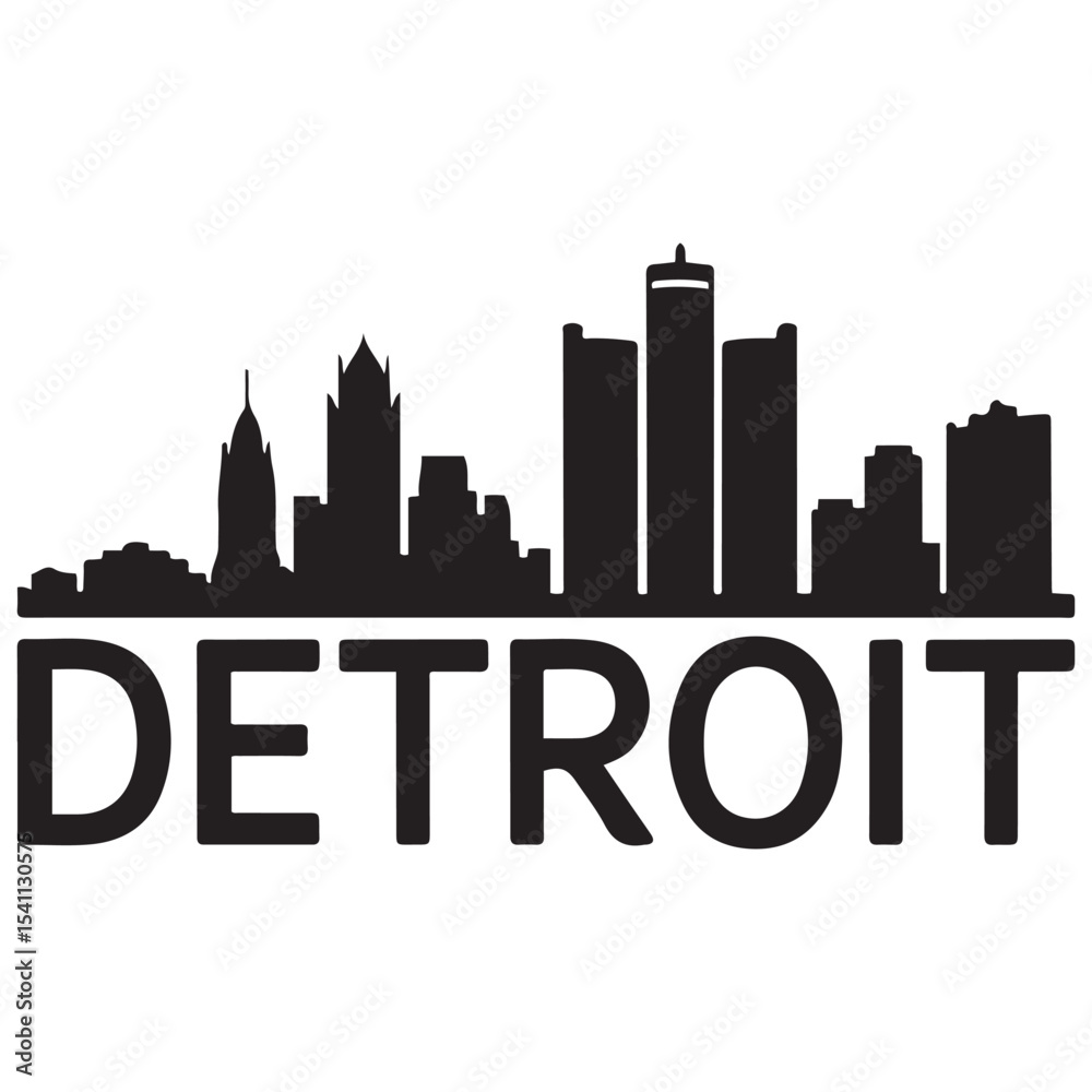 Fototapeta premium Detroit, USA skyline and landmarks. Vector black silhouette. with white background