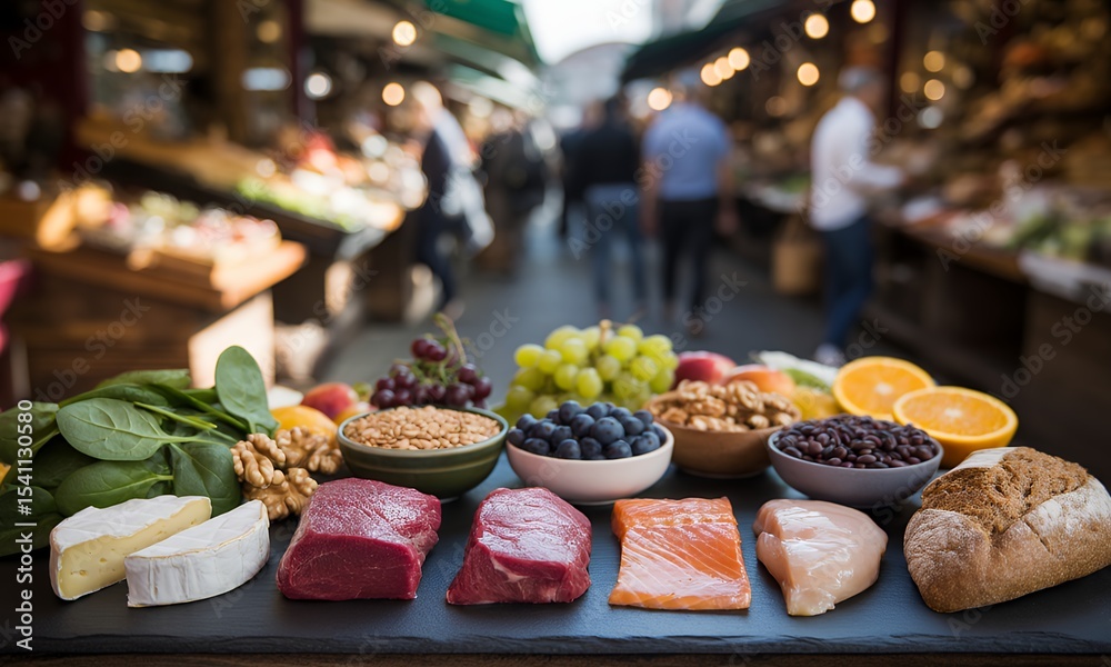 Fototapeta premium Vibrant Eye-Level Display of Fresh Foods Featuring Meats Cheese and Fruits Arranged on Rustic Wooden Board with Blurred Market Background Promoting Healthy Eating and Balanced Diets Featuring Raw