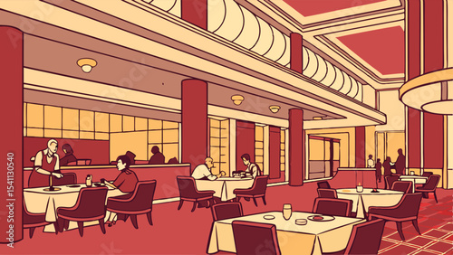 Stylized illustration of people dining in a restaurant interior.