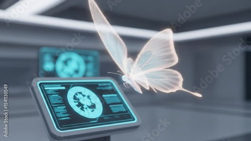 Holographic butterfly animation in a futuristic laboratory setting with interactive display screen