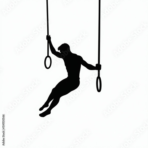 Silhouette of male gymnast swinging on rings. Perfect for fitness, strength training, gymnastics, athlete performance, and acrobatic movement visuals.