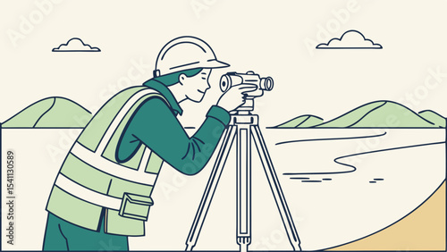 Surveyor Using a Theodolite for Land Surveying and Measurement.