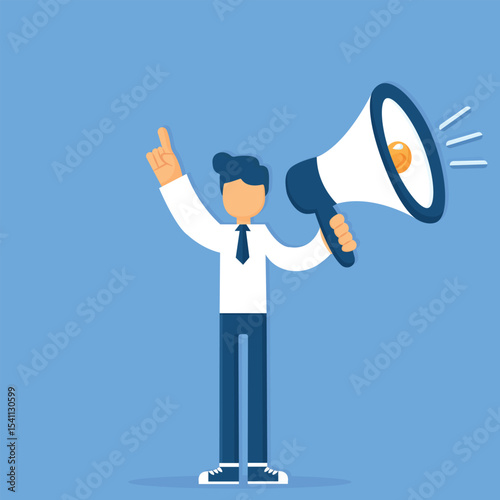 Faceless Man with Megaphone in Shirt Raising Hand Flat Vector Illustration on Blue Background.