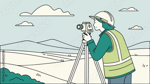 Surveyor using theodolite on tripod in field with mountains and clouds.