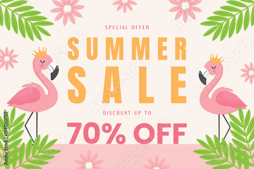 Pink Flamingo Summer Sale Banner with Flowers and Tropical Leaves Flat Vector Illustration.
