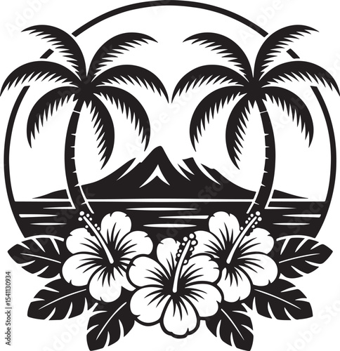 Tropical Paradise Palm Trees, Hibiscus Flowers, and Volcanic Mountain Silhouette