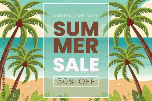 Summer Sale Banner on Tropical Beach with Palm Leaves Flat Vector Illustration.