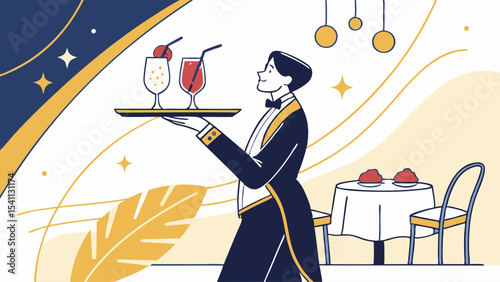 Waiter Serving Cocktails at a Stylish Restaurant.