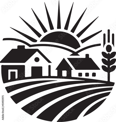 Sunrise Over Rural Farmland Idyllic Countryside Scene Illustration