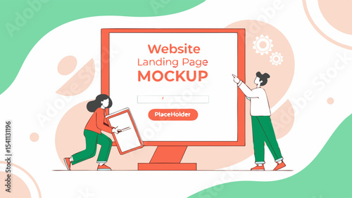 Website Landing Page Mockup with Two People Interacting with Screen.