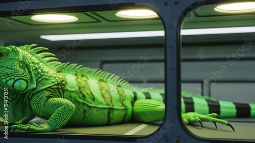 Iguana in futuristic habitat, reptile in enclosure, exotic pet in modern environment
