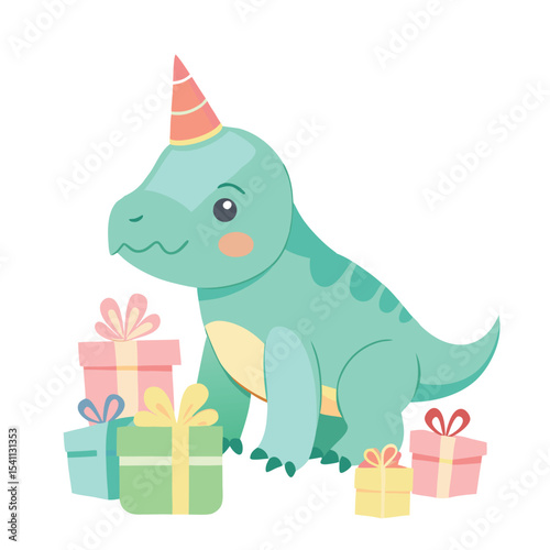 This charming vector illustration features a cute cartoon dinosaur unwrapping a festive gift box with a green ribbon, perfect for a holiday birthday celebration card