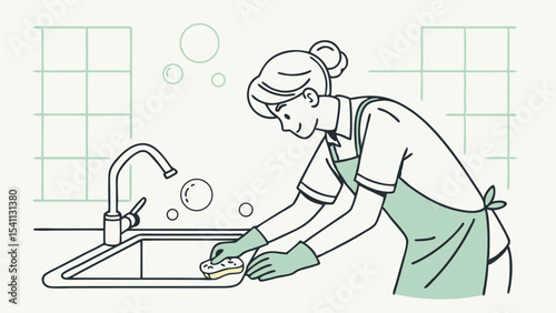 Woman in Apron Cleaning Sink with Sponge and Bubbles.