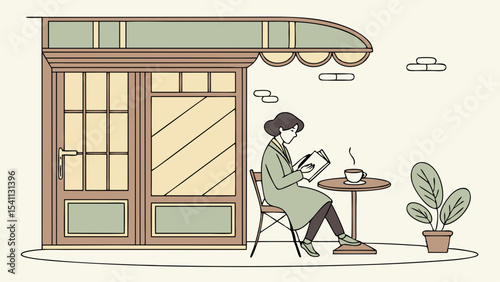 Woman Reading a Book at an Outdoor Cafe Table.