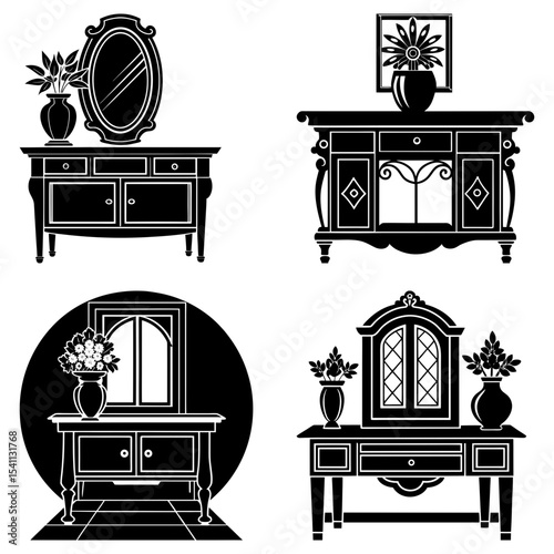 Collection of four different antique dressers with mirrors and floral arrangements in black and white style