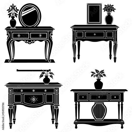 Collection of four different styles of vanity tables in black and white silhouette design style art