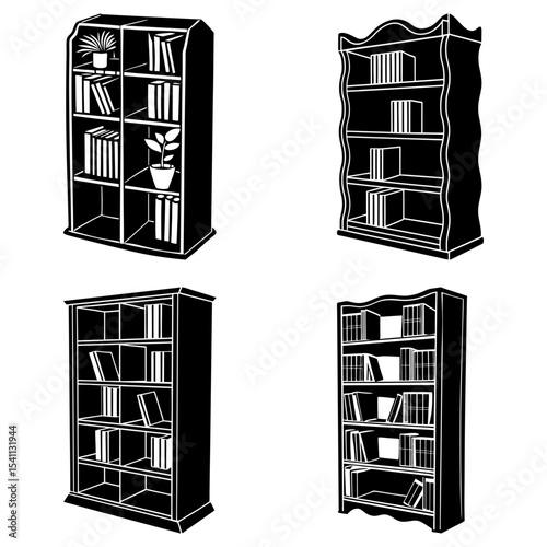 Four different styles of bookshelves filled with books and decorative plants in black and white style