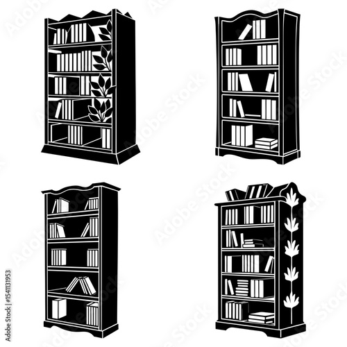 Four different styles of bookshelves filled with books in a black and white vector illustration