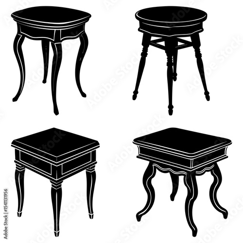 Four different styles of antique side tables showcased in a monochrome vector illustration format image