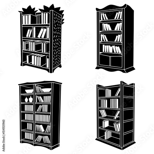 Four different styles of black and white bookshelves with books and decorative items displayed on shelves
