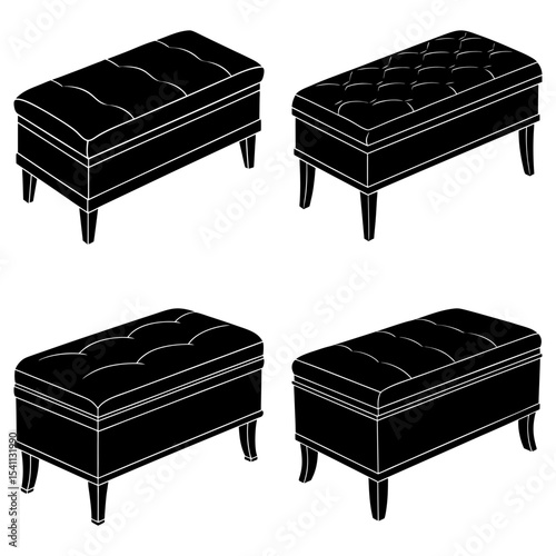 Four black ottoman benches with different top designs arranged in a square on a white background space