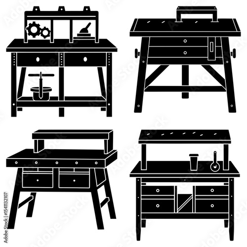 Four carpentry benches with various designs and tools displayed in a black and white illustration style