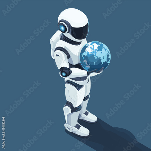 Isometric Ai robot carrying the world on shoulder, vector style simple color