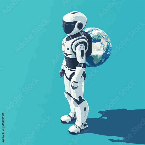Isometric Ai robot carrying the world on shoulder, vector style simple color