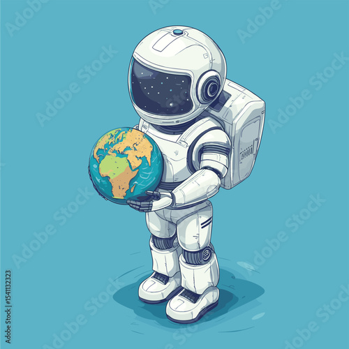 Isometric Ai robot carrying the world on shoulder, vector style simple color