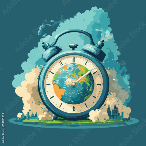 Planet Earth as a Ringing Alarm Clock Emitting Pollution Smoke - Urgent Climate Change Warning Vector Concept Illustration about Global Warming Environmental Crisis Danger