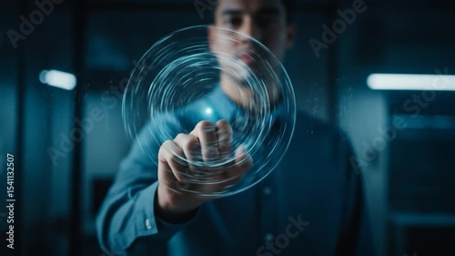 Man Interacting with Futuristic Holographic Interface in a High-Tech Environment