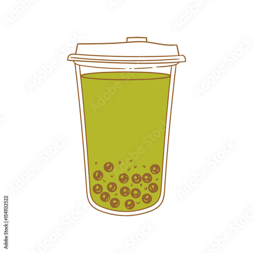 Boba tea drinks, matcha bubble tea, hand-drawn in a linear style. Illustrations of cups with boba drinks for posters, cards, cafe menus, and graphic design.