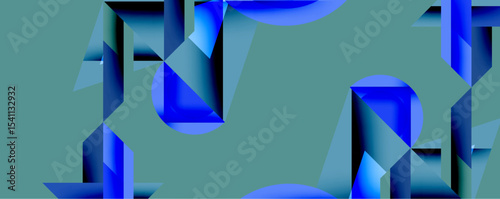 Abstract geometric shapes dominate composition. Blue hues create depth, contrast against teal background. Modern design evokes futuristic feel. Clean lines, sharp angles define visual elements.