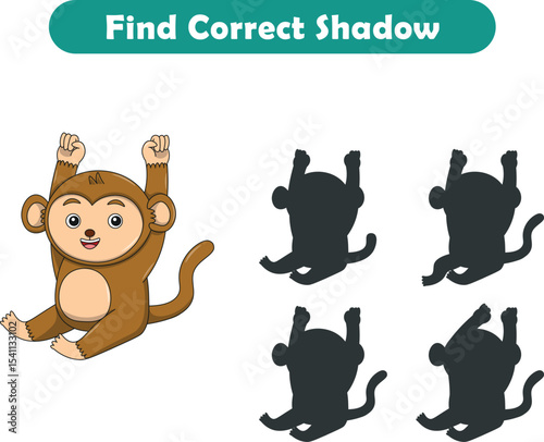 Funny cartoon monkey. find the correct shadow. Kids Education games. Cartoon vector illustration