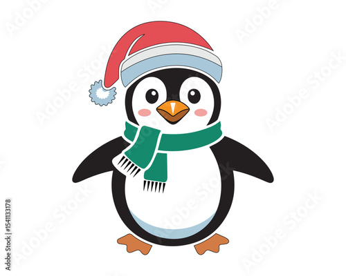 Cute cartoon penguin wearing santa hat and scarf