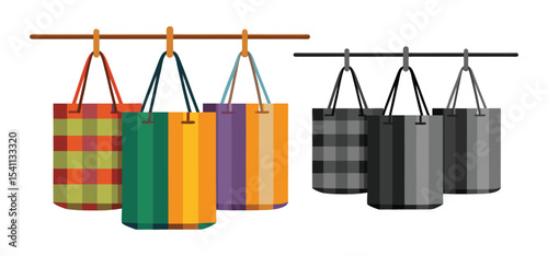 Colorful and monochrome tote bags hanging on a wooden rod against a white background illustration design