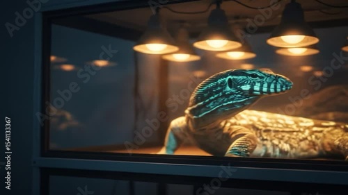 Monitor Lizard in Enclosure: Close-Up View of Reptile Under Heat Lamps in Captivity