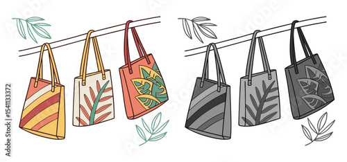 Colorful and monochrome tote bags with botanical and geometric patterns hanging in a minimal style