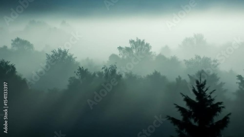 Misty Forest Canopy: Ethereal Morning Light Through Dense Fog Over Woodland Trees