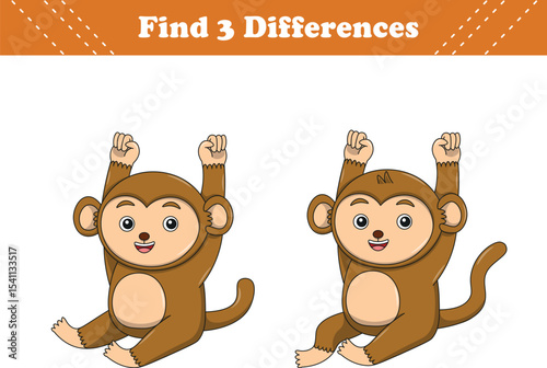 Education game for children find three differences between two monkey cartoon. Vector illustration