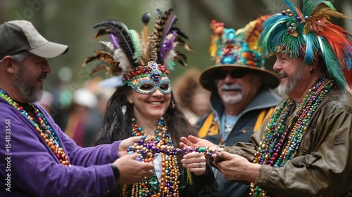 Festive Mardi Gras celebration with vibrant costumes and beads