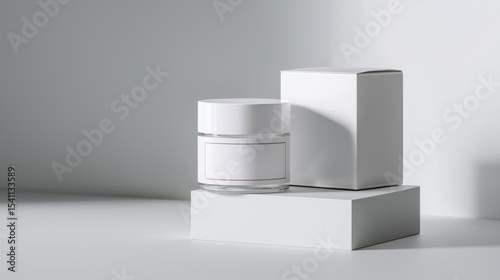 High-End Cosmetic Cream Jar with White Cap and Blank Label on Pedestal photo