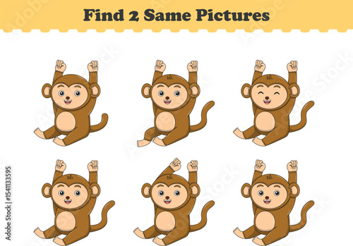 Funny cartoon monkey. Find two same pictures. Educational game for children. Cartoon vector illustration