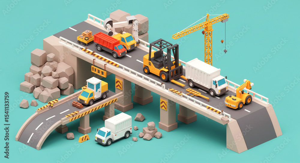 Obraz premium Low-poly 3D rendering of a bridge under construction with various vehicles and construction equipment.
